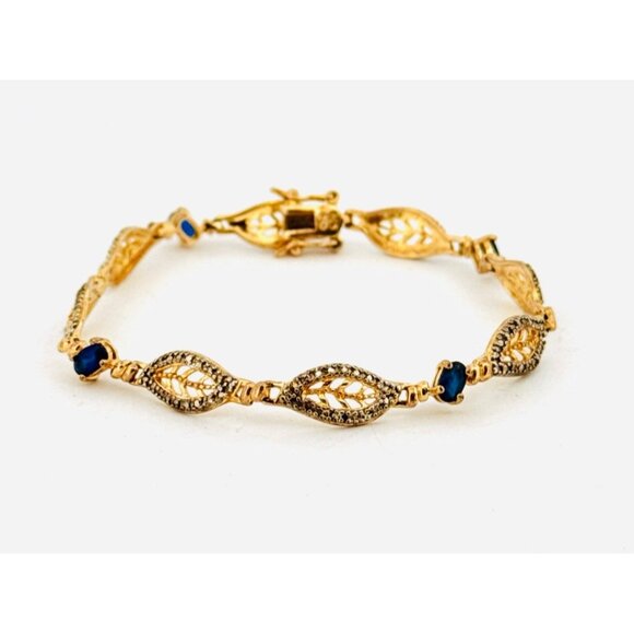 Estate 925 Gold Vermeil Blue Sapphire Tennis Bracelet 7” Two-Tone 8.4g - Picture 1 of 9